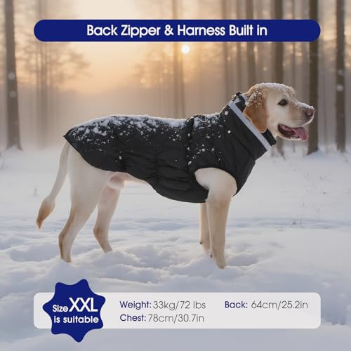 Image of Dog Winter Coat Fleece Warm Large Dog Coat with Harness Built in | Dogs Cold Weather Fleece Coats Zip up Reflective Dog Winter Vest Windproof Water Resistant Snow Coats Solid Black L