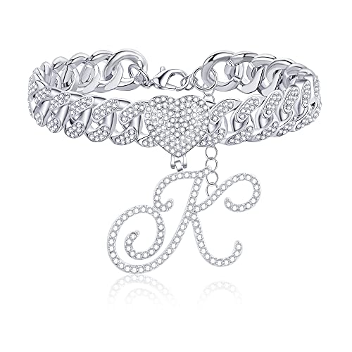 Funeia Cursive Initial Pendant Ankle Bracelets For Women, Adjustable Silver Cuban Link Chain Anklets, Miami Heart Shape Bling Diamond Iced Out Chain, Letter A-Z Dainty Anklet, Hip Hop Foot Jewelry Gifts #TOP25