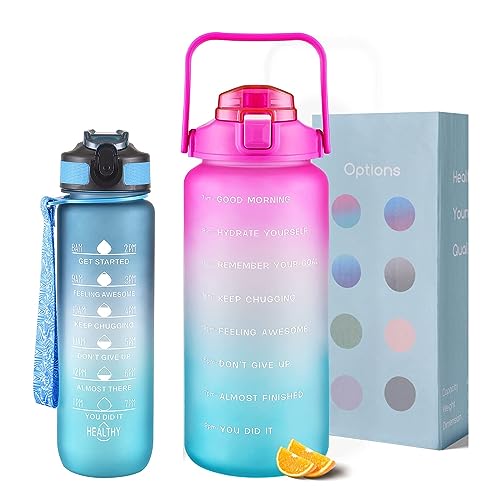 VOGVOG 2-Pack Water Bottles - 64 Oz Motivational Water Bottle with 27 oz Bottle and Straws