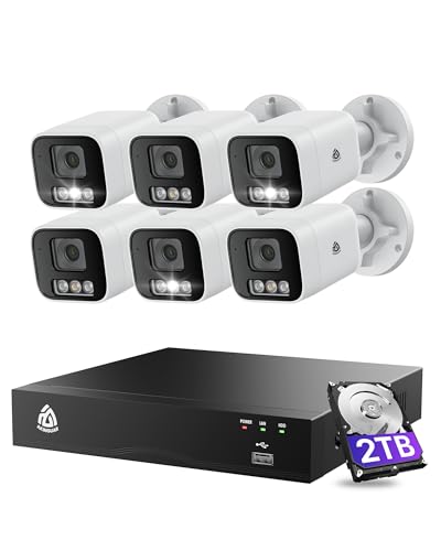 Akinguar 5MP Caméra de Surveillance Extérieure, Kit Vidéo Surveillance avec 8CH 2To NVR et 6X 5MP Caméra IP PoE, Détection de Personne et Véhicule, 30M Vision Nocturne en Couleur, Audio Bidirectionnel