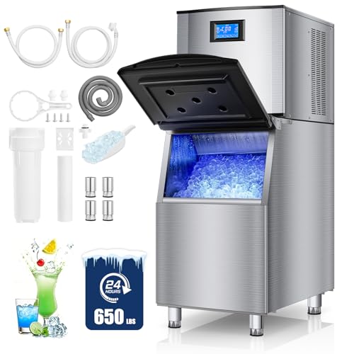 Commercial Ice Maker Machine 650LBS/24H with 350LBS Stainless Steel Storage Bin, 182 Ice Cubes in 8-15min, Self-Cleaning, Air Cooled Ice Machine with LCD Panel for Bar Business Cafe (650 lbs)