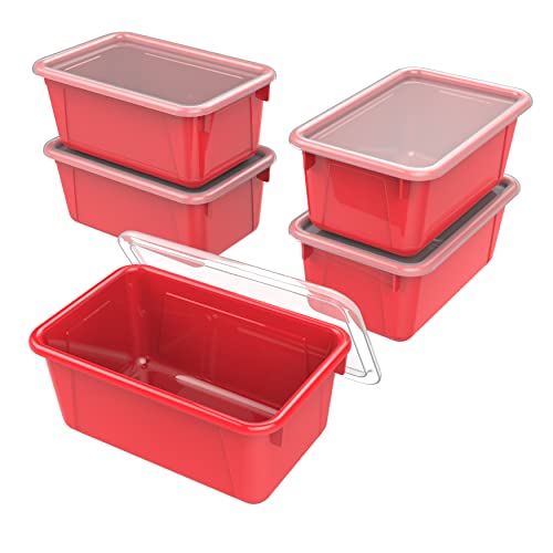 Image of Storex Small Cubby Bins - Plastic Storage Containers for Classroom with Non-Snap Lid, 12.2 x 7.8 x 5.1 inches, Red, 5-Pack (62407A05C)