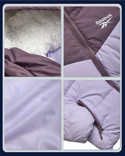 Image of Reebok Girls Heavyweight Poly Taffeta Puffer Jacket with Sherpa Hood | Insulated Quilting Locks in Warmth, Zip-Up Closure, Secure Pockets for Gloves, Cozy Protection for Cold-Weather Play