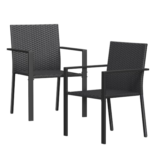 Image of Amopatio Stackable Wicker Chairs, Patio Dining Chairs Set of 2, All-Weather Breathable Outdoor Dining Chair, Steel Frame, Armchair w /Armrests, for Garden, Porch, Deck, Poolside, Fire Pit, Black