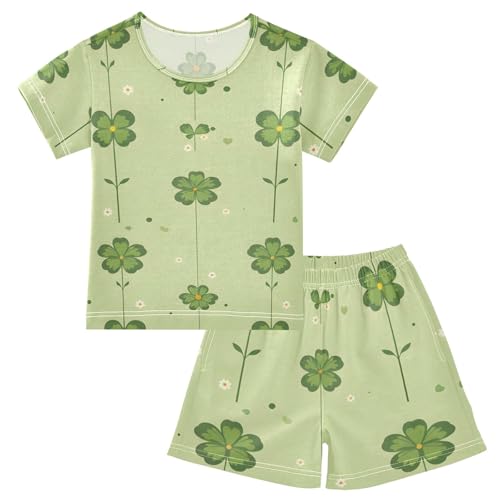 Summer Pajama Set Four Leaf Clover Green Tile Pattern, Short Sleeve Sleepwear Nightwear