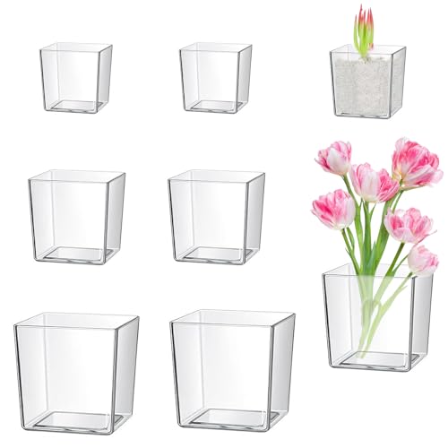 6 Piezas Jarrón Cuadrado de Transparente 12,5cm/10cm/8cm Florero de Plástico Decoraciones del hogar Flower Vase Habitación Central para Mesa Boda Hogar Floristería