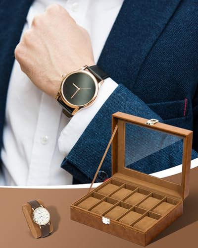 Image of Uten 10-Slot Watch Box, PU Leather Watch Case with Glass Lid, Brown | Watch Jewelry Storage Organizer Display with Velvet Lining, fits Watch Size up to 48mm, Gift for Men and Women, Celebration