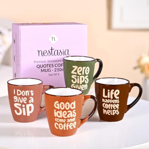Image of Nestasia Ceramic Coffee Mugs Set of 4 (210ml Each) - Quirky Quotes Tea & Coffee Cups with Glossy Finish | Microwave & Dishwasher Safe Cups - Ideal for Gifting (Earthy Hues)