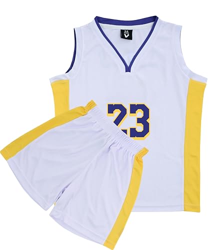 VEGAS APPAREL Kids Basketball Kit, 2 Piece Sleeveless Kids Basketball Jersey Shirt Basketball Outfit for 2-14 Years Boy (6 Years, Yellow & White) - Thumbnail 4