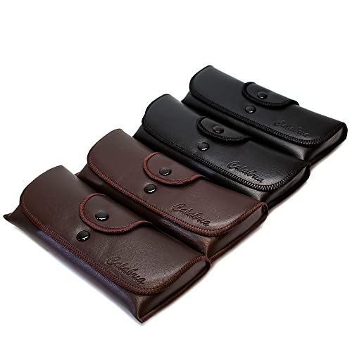 Image of Calabria Double Snap Belt Loop Eyeglass Case PU Leather Black Brown 4Pack Vintage Eye Glasses Pouch SemiHard Sunglass Holder