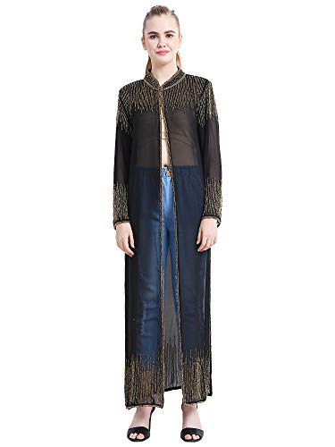 Image of Matelco Women Georgette Floor Length Hand Embroidered Embellished Longline Front Open Shrug Dress
