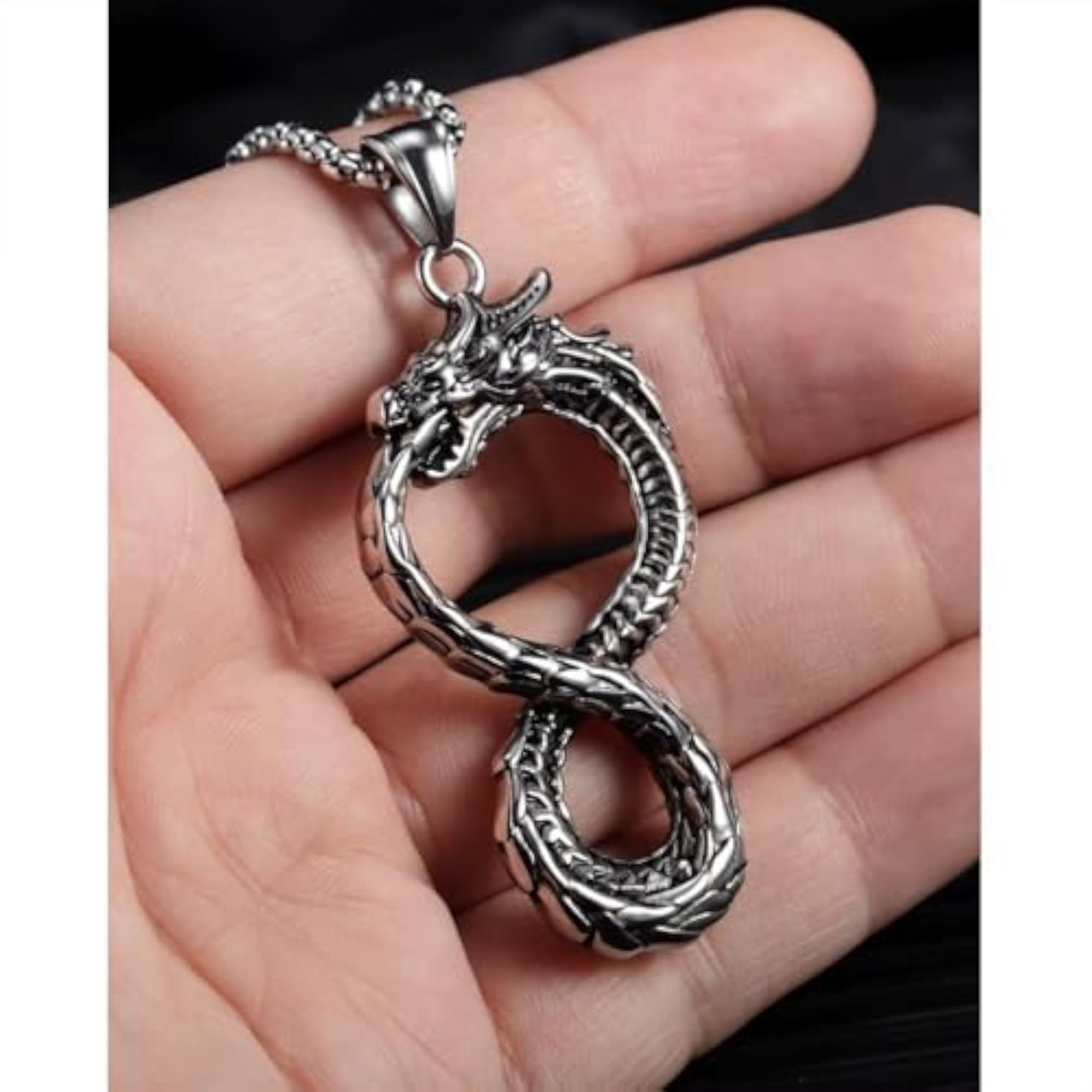 Men's Stainless Steel Silver Open Mouth Dragon Pendant Necklace