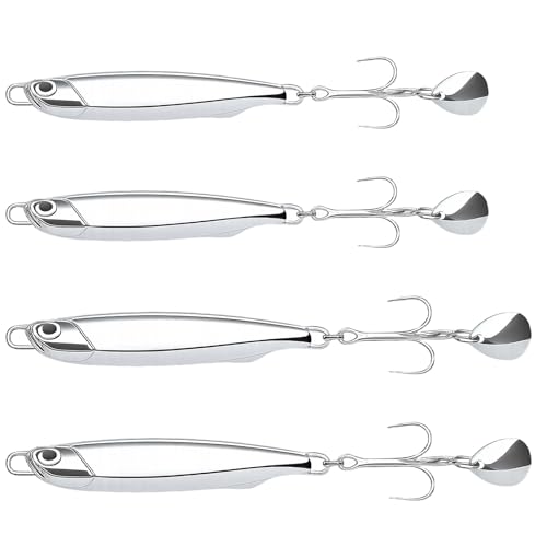 ZKFSIE 4 Pcs Fishing Lures, Mackerel & Bass Lures, Sea Fishing UK, Lakes & Rivers, Mackerel, Cod, Sea Bass, Treble Hooks, Casting Spinners, Metal Jigs
