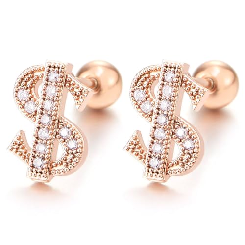 Boucles d'oreilles clous dollar strass or rose bling pour femme