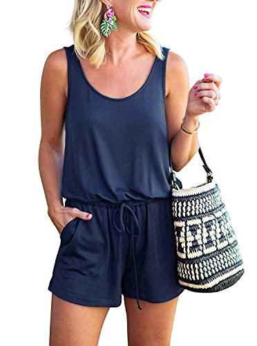 REORIA Damen Sommer Lose V-Ausschnitt Spaghettiträger Kurz Jumpsuit Marine S