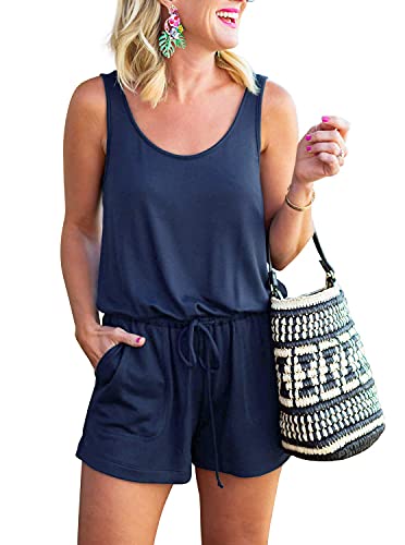 REORIA Womens Casual Summer One Piece Sleeveless Tank Top Striped Playsuits Short Jumpsuit Beach Rompers Plus Size Navy Blue X-Large