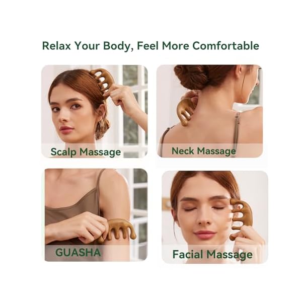 Natural Green Sandalwood Gua Sha Comb – Wooden Face, Scalp & Body Massage Tool, Multi-Point Manual Trigger & Pressure Point Massager, Travel-Size Relaxation & Self-Care Gift for Women & Men - Image 3