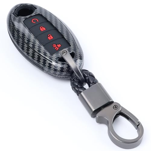 for Nissan Key Fob Cover with Key Chian 4 Button for Nissan 370Z Altima Maxima Murano Pathfinder Rogue Sentra Versa Titan GT-R Leaf Case Fob Shell Cover for Nissan Black