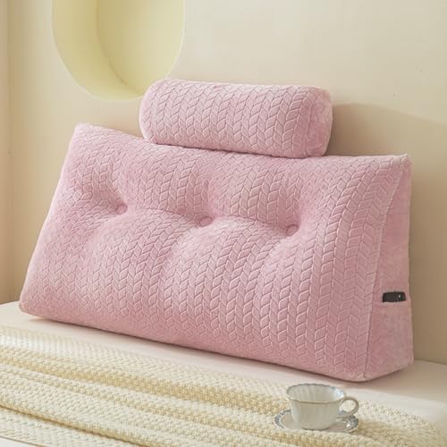 YOUR MOON Wedge Headboard Pillow Twin with 1 Pack Neck Roll Pillow, Triangular Wedge Backrest Pillows Headboard for Bed,Daybed,and Lounging, Large Bed Bolster Pillows,Pink Pink Twin