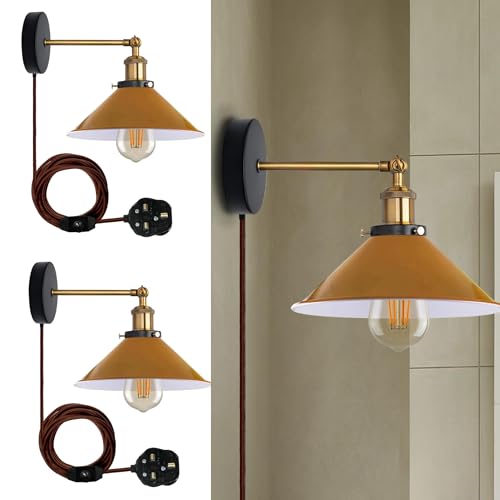 LEDSone 2 Pack Industrial Wall Sconce Adjustable Arm Light dimmer Switch Plug in 22cm Yellow Metal Cone Lamp Shade with E27 Base Wall Lights for Restaurant Office and Indoor Home Decor