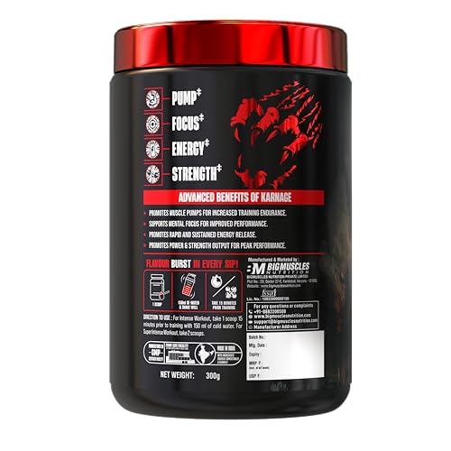 Image of Bigmuscles Nutrition Karnage Pre workout [60 Servings, Arctic Blast] | Pre-workout Supplement Supports to Improve Focus, Strength, Energy and Pump, Banned Substance Tested, Dope Free, 300g