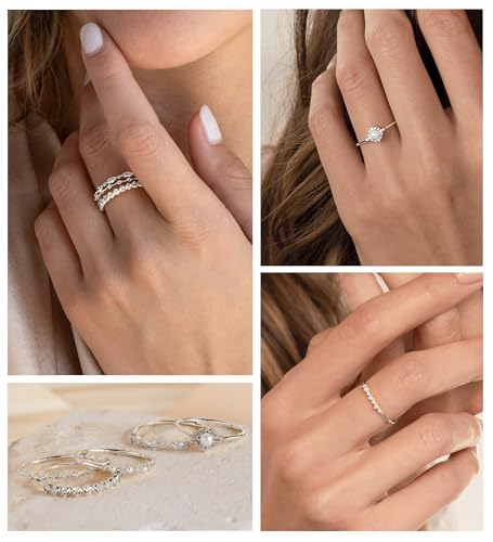 DEARMAY Stackable Silver Rings for Women Non Tarnish, Dainty Sterling Silver Diamond Pearl Rings Set Thumb Fashion Thin Cubic Zirconia Simple Unique Statement Ring Pack Women Jewlery 6/7/8/9/104