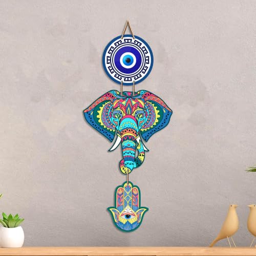 Image of Artvibes Elephant Evil Eye Wall Hanging for Home Entrance | Lucky Elephant Nazar Battu MDF Wall Decor | Vastu Decorative Art for Living Room | Bedroom | Office | Main Door | Unique Gift (WH 8547N)