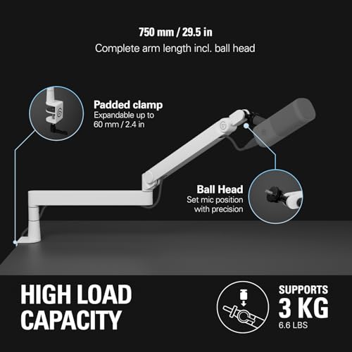 Image of Elgato Wave Mic Arm Pro White, Gas Spring Mic Arm | Supports up to 3kg, Silent gas-spring adjustment, Hidden cable channels, Padded clamp, Compatible with most mic brands