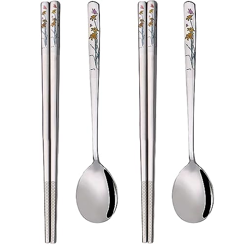 YAPULLYA Koreanischer Suppenlöffel und Essstäbchen, Geschenk-Set, 18/8 Edelstahl, mehrfarbig, Lasergravur, Essstäbchen und Löffel, wiederverwendbar, aus Metall, Geschenk-Set, 2 Stück (Stil SX)
