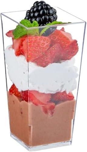 Zxyler 透明プラスチック製ミニデザートカップ スプーン付き使い捨てカップ 50 個 / 100 個大容量セット 正方形アイスクリーム・パフェ・ムース・前菜用容器 誕生日・パーティー専用使い捨てデザートカップ