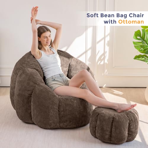 Image of MAXYOYO Bean Bag Chair with Ottoman, Giant Pumpkin Lounge Chair for Adults | Oversized Bean Bag Chair with Footstool, Comfy and Lazy Lounge Boneless Chair for Dorm, Living Room, Bedroom, Brown