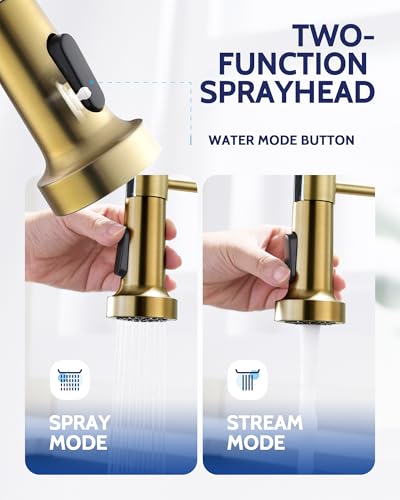 Image of LUFEIDRA Kitchen Faucet with Pull Down Sprayer and Soap Dispenser, High Arc Spring 304 Stainless Steel Single Handle 1 or 3 Hole 2 Mode for Farmhouse RV Camper Laundry Wet Bar (Gold)