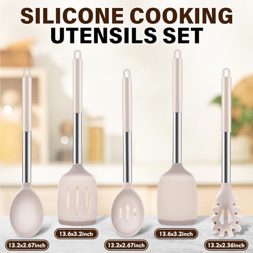 Image of 5Pcs Silicone Cooking Utensils Set, Heat Resistant Kitchen Tools Include Solid&Slotted Spatula, Cooking Spoon and Pasta Server, Silicone Kitchen Utensils set for Nonstick Cookware Flipping, Khaki