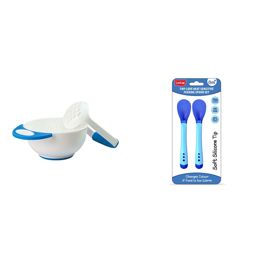 LuvLap Baby Food Grinding Cum Feeding Bowl, (White & Blue) & Tiny Love Heat Sensitive Baby Feeding Spoons Set, 2 pcs, Blue-image-4