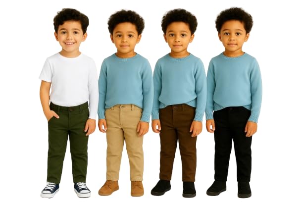 Image of Boys Cotton Stretch Casual Trouser Combo - 4 Pack (Olive, Black, Beige, Brown) | Comfortable Slim Fit Kids Pants Stylish Boys Bottoms