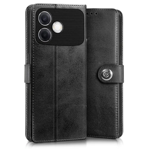 Image of WOW IMAGINE Shock Proof Flip Cover Back Case for Oppo F33 Pro 5G (Magnetic Button Flip Case | Wallet Pockets & Stand | Leather Finish | Haze Black)