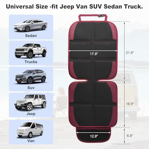 Image of Car Seat Protector for Child, 2 Pack With Mesh Pockets & Non-Slip Backing 600D Durable Under Baby Seat Cover for Back Seat (Burgundy, Standard)