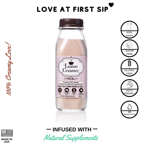 Leaner Creamer Non-Dairy Sugar Free Coffee Creamer Powder. Perfect Coconut Oil Non-Dairy Powder To Naturally Cream And Sweeten Coffee, Smoothies, Protein Shakes & More! Ideal Flavoring For All Diets ( 9.87 Oz) (Indulgent Mocha, Glass Bottle (9.87 Oz)) #TOP1
