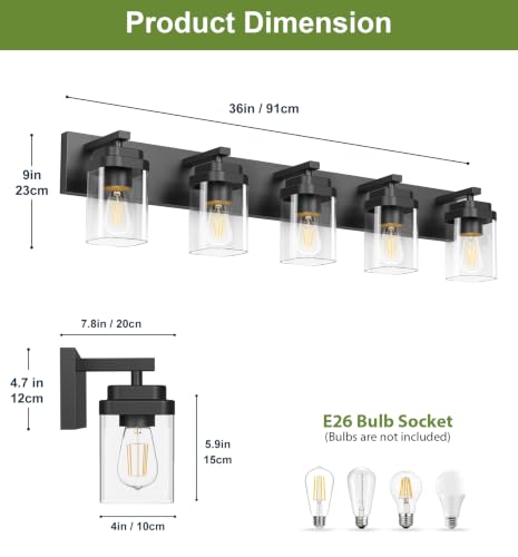 Image of Black Bathroom Light Fixtures, 5 Lights Bathroom Lighting Fixtures Over Mirror, Square Design & Rectangle Large Backplate, Modern Vanity Lighting Fixtures, for Bathroom /Living Room /Bedroom