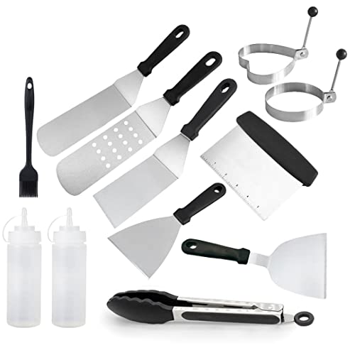 12 Pcs Flat Top Grill Accessories, Griddle Accessories Kit with Griddle Spatula, Scraper, Tongs and Egg Rings, Stainless Steel Griddle Tools Set for Outdoor BBQ and Campi