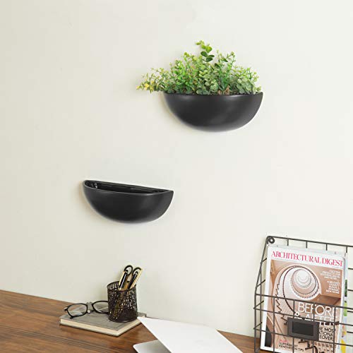 Mygift Matte Black Ceramic Indoor Wall Planter, 12 Inch Semi Circle Hanging Wall Vase, Set Of 2 #TOP2