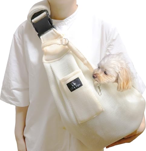 【底板付き】Lil&Fam ペットスリング 犬 抱っこ紐 キャリーバッグ ペットバッグ メッシュネット付き 長さ調節可能 猫 キャリー (メッシュホワイト)