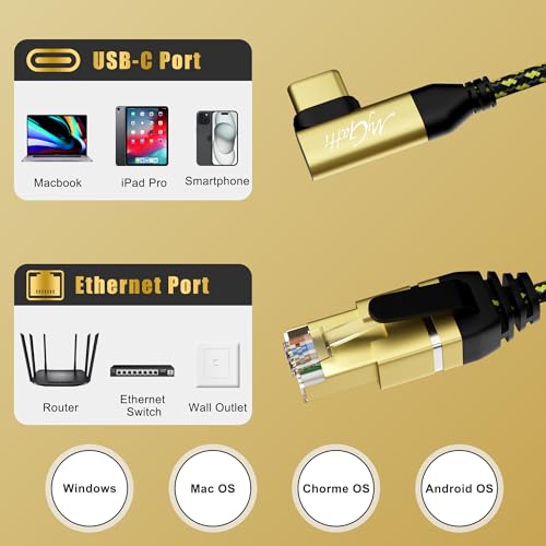 Câble USB C vers Ethernet 1,8m coudé à 90 degrés RJ45 Gigabit pour MacBook Pro et iPad - 6