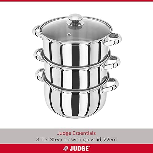 Judge Essentials Stainless Steel 3 Tier Steamer, Vented Glass Lid, Integral Casserole Pot, Oven Safe, Induction Ready, 25 Year Guarantee (22cm 3 Tier)