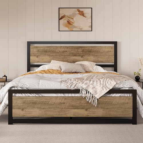 Image of SHA CERLIN Heavy Duty King Size Bed Frame with Modern Headboard, Brown | Platform Metal Base with Square Footboard and 13 Strong Slats Support, No Box Spring Needed