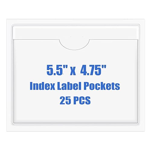 Origin-Joy 25 PCS Self-Adhesive Index Label Pockets, Clear Plastic Peel & Stick Card Holders with Top Open for Loading (5.5 x 4.75 inch)