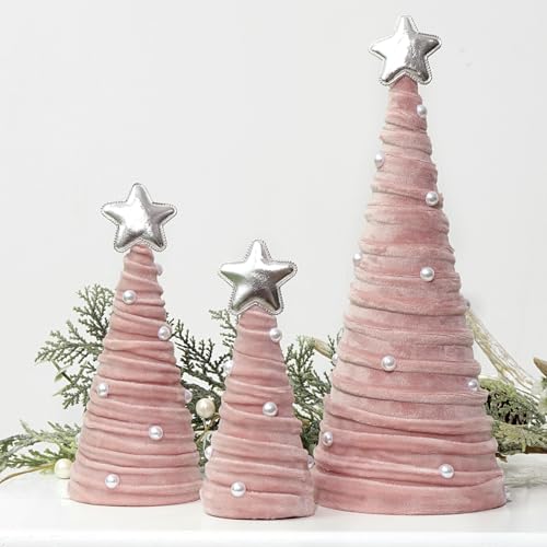 Bunny Chorus Christmas Decorations Indoor, 3Pcs Pink Velvet Cone Christmas Trees with Pearls Christmas Decor, Christmas Table Decor for Xmas New Year Winter Holiday Home Décor
