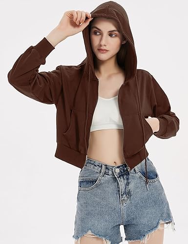 Image of Casual Wear Solid Crop Zipper Jacket Hooded Neck Full Sleeves with Kangaroo Pocket Hoodie for Women