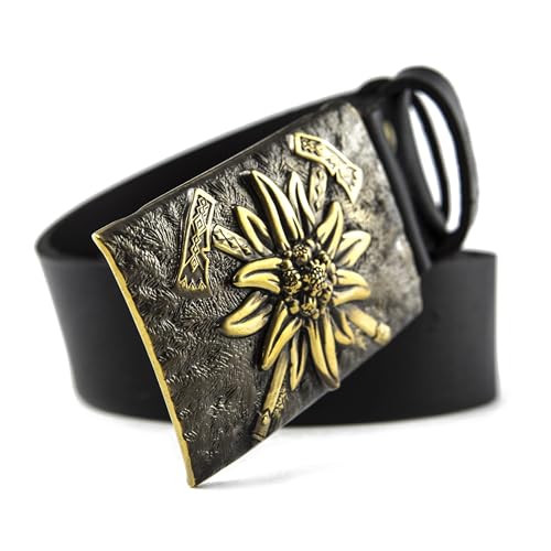 Leather belt with brass buckle Edelweiss, Handmade military Mountainous Infantry solid brass belt buckle with axes and mountain flower on leather belt4
