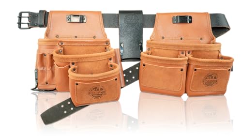 Image of Graintex 13 Pocket Framers Tool Belt, 4 Pc Combo Industrial Grade Leather Tool Pouch, 2 inch Leather Belt & Hammer Holder, Bags for Drywall Tools, Electricians, Plumbers
